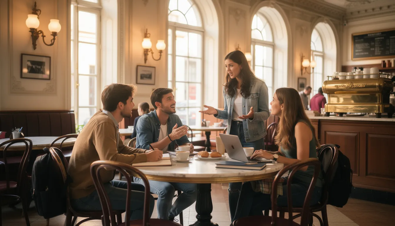 Dans un café traditionnel européen, des jeunes étudiants discutent joyeusement, entourés d'une architecture classique. Cette scène évoque la vie étudiante en Europe centrale, notamment à Szeged, où les étudiants internationaux s'engagent dans des échanges sur leurs études et leurs expériences à l'université.
