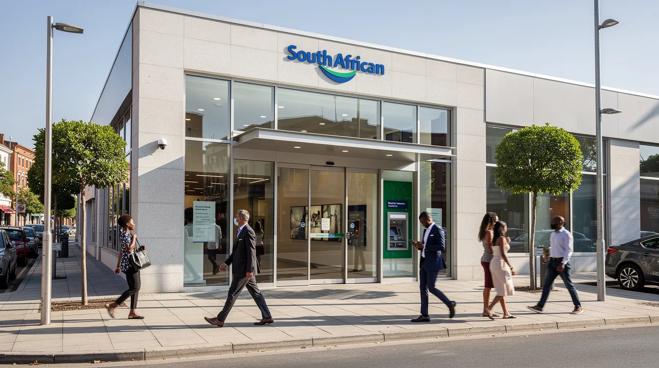The image showcases the exterior of a modern South African bank branch, featuring large glass doors and a contemporary design, with people walking nearby. This scene reflects the vibrant banking industry in South Africa, highlighting the importance of customer access and the digital experience offered by leading banks like Standard Bank and Discovery Bank.