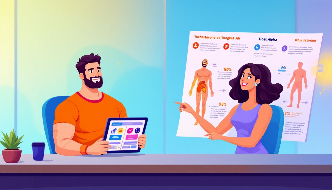 Turkesterone vs Tongkat Ali: Best Choice for Muscle Growth and Stamina? 1 An illustration depicting the benefits of turkesterone and tongkat ali as natural testosterone boosters.