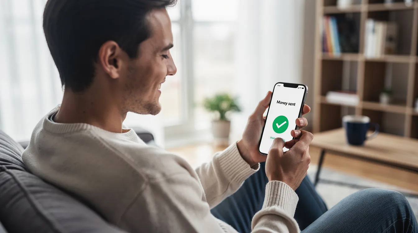 A person is smiling while using a mobile phone to send money, showcasing the ease of money transfers through apps like PayPal. The image highlights the convenience of instant payments and the ability to transfer money securely to a recipient's account.