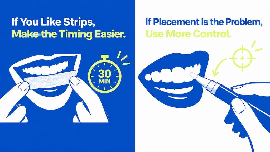 Two-panel illustration: if you like strips, make the timing easier with a set timer; if placement is the problem, use a more targeted format for more control