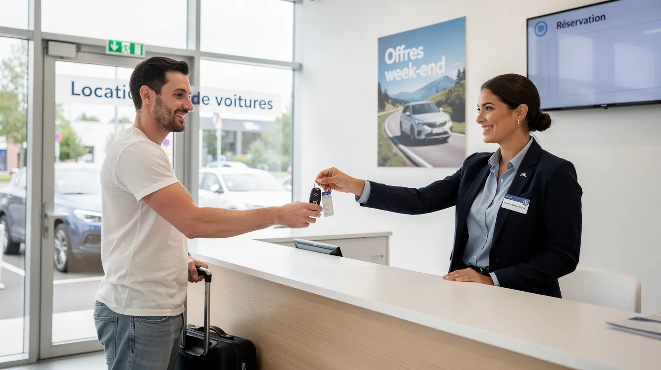 Un conducente riceve le chiavi dell'auto a noleggio al banco di un'agenzia.