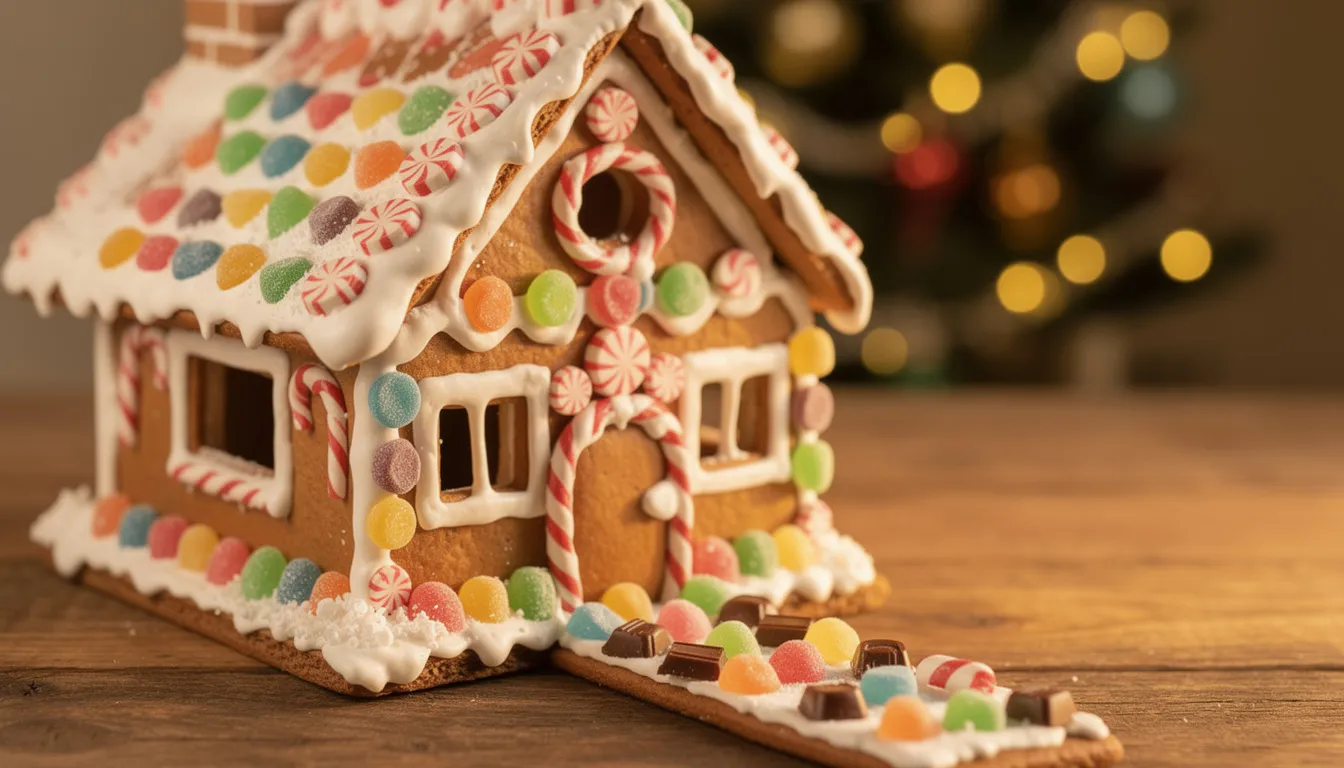 A beautifully decorated gingerbread house adorned with royal icing snow and colorful candy decorations, capturing the essence of holiday baking traditions. This festive treat is a perfect centerpiece for any holiday party, evoking the joy of Christmas with its sweet details.