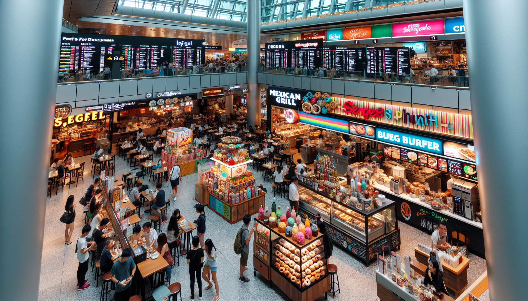 Choices like Jamba Juice, Dunkin Donuts, Starbucks, Chipotle Mexican Grill, Burger King, and Pei Wei Asian Diner in Terminal 3