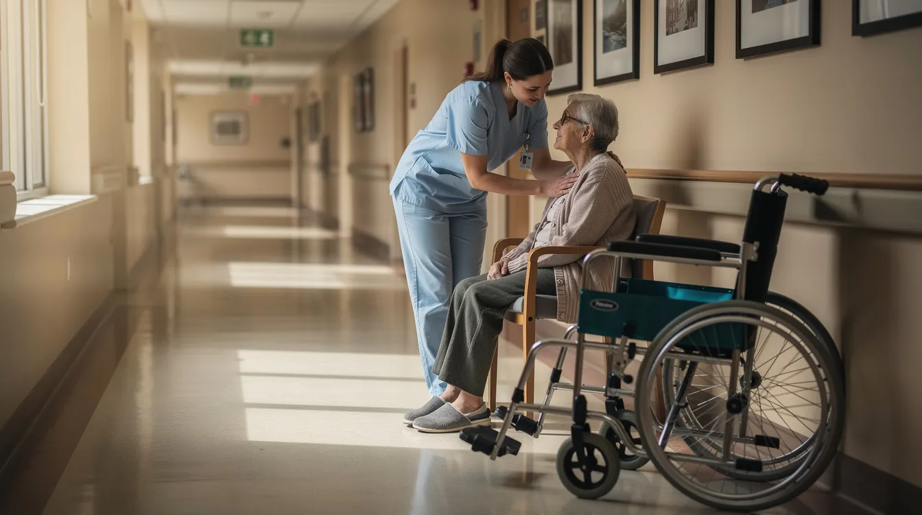 A nurse is assisting an elderly patient in a nursing home hallway, with a wheelchair positioned nearby, highlighting the importance of quality care for nursing home residents. This scene underscores the need for vigilance against nursing home neglect and abuse, ensuring that elderly individuals receive the proper medical attention they deserve.