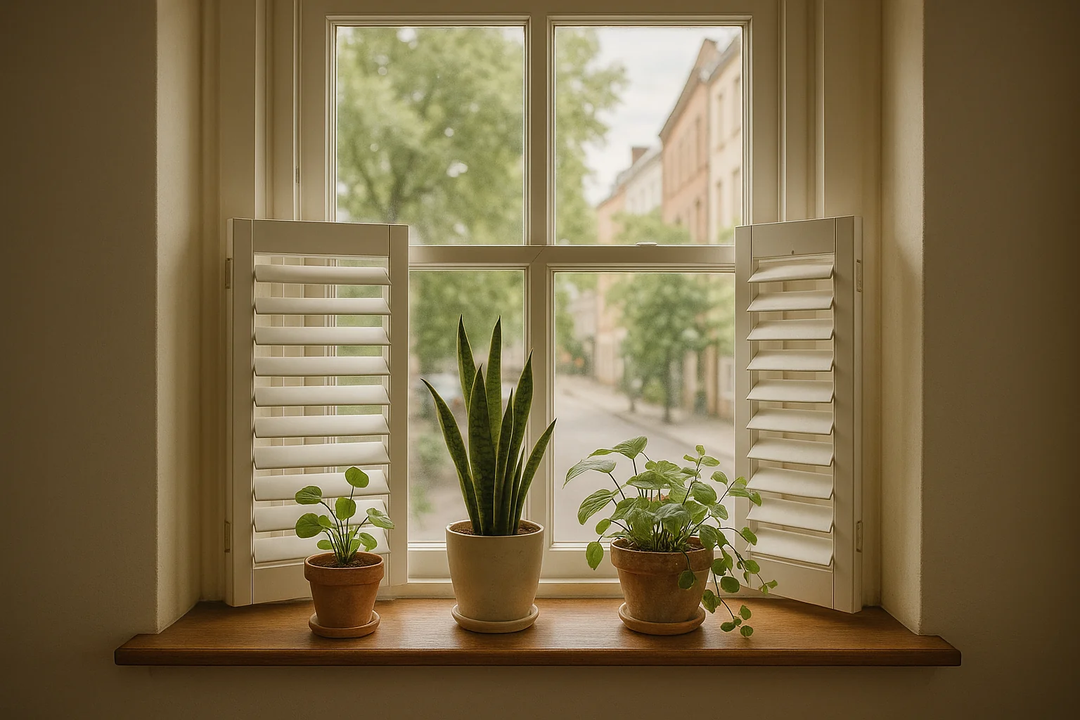"Café style shutters offering privacy and natural light in a kitchen"