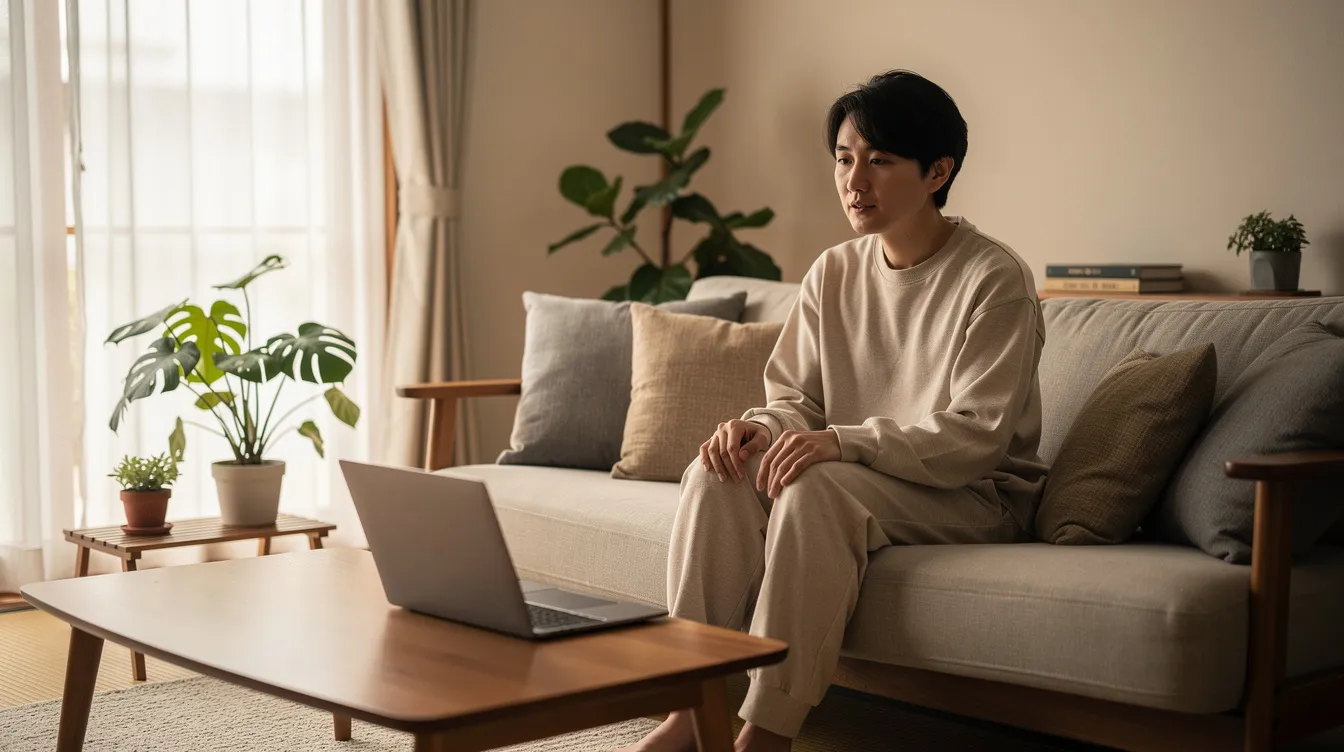自宅のソファに座り、ノートパソコンを使ってオンラインカウンセリングを受けている30代の人物が映っています。彼はカウンセラーとビデオ通話を通じて、自分の悩みを話し聞いてもらっています。