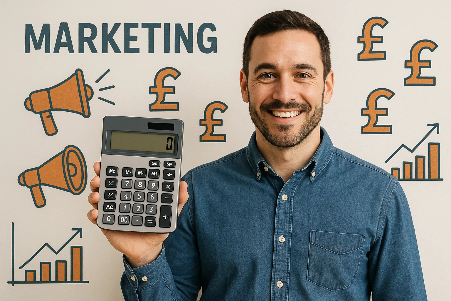 A small business owner holding a calculator with marketing-related icons like megaphones, pound signs, and graphs in the background