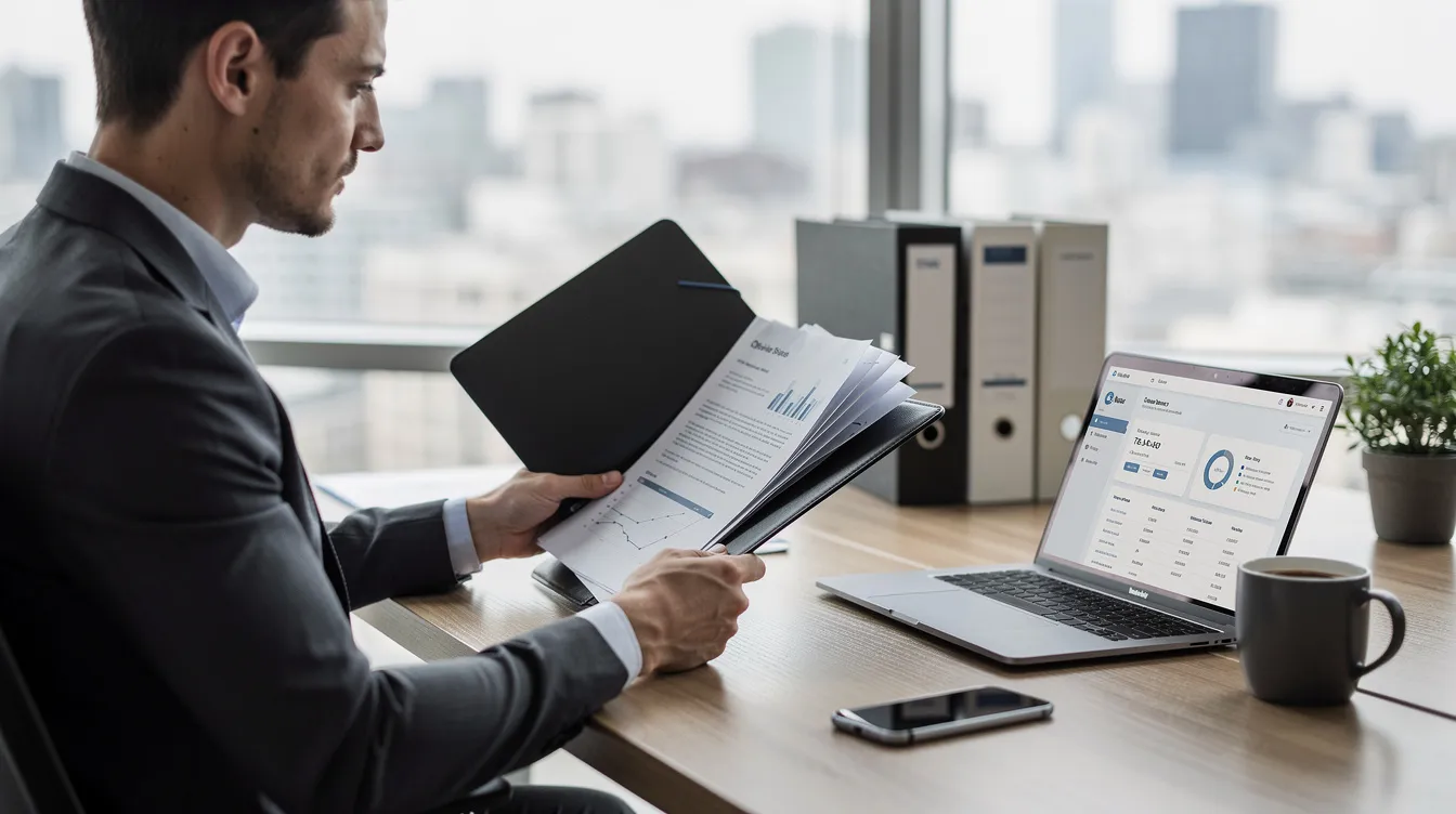 da0fdadd 2643 4e49 8cc4 4edd25bd8bdf An entrepreneur is seen organizing business documents in a folder at a desk, preparing essential paperwork for a mudra loan application to improve their chances of loan approval from financial institutions. The scene highlights the importance of proper documentation, such as bank statements and income proof, for small business owners seeking funding for income-generating activities.