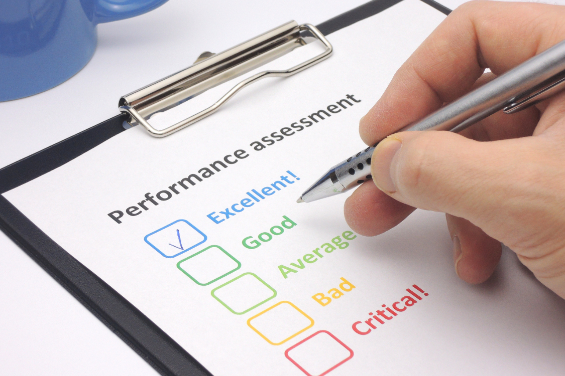 Performance assessment checklist with scoring categories like excellent and average