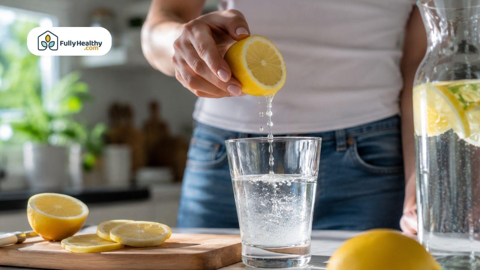 Person squeezing fresh lemon juice into a glass of water in a bright kitchen as part of a daily lemon water routine.