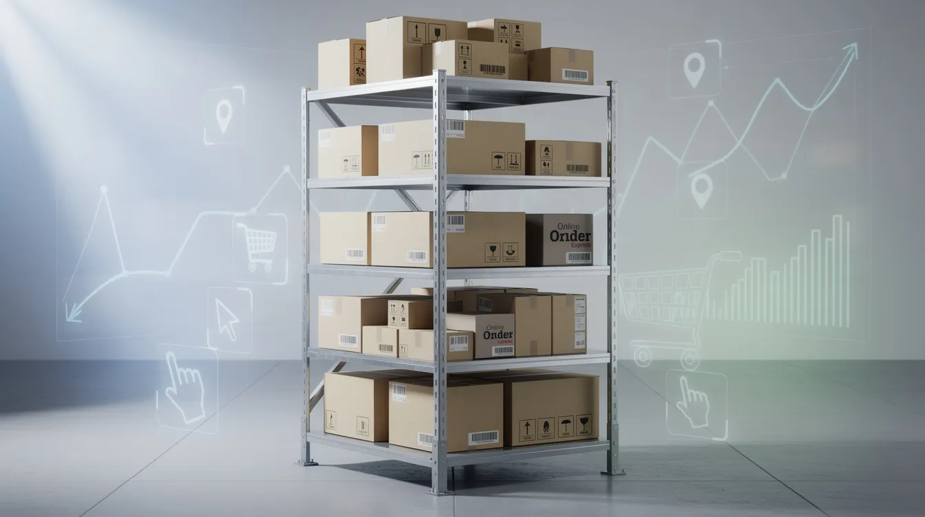 Das Bild zeigt ein modernes Lagerhausregal, gefüllt mit Paketen, das die Dynamik des E-Commerce und Online-Handels verkörpert. Diese visuelle Darstellung symbolisiert die Bedeutung von SEO-Optimierung und Strategien für Unternehmen, um ihre Sichtbarkeit im digitalen Markt zu erhöhen.