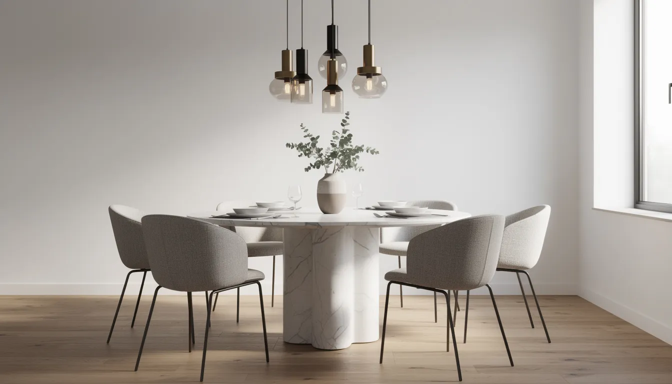 The image features a modern dining room showcasing a stylish marble-effect pedestal dining table surrounded by upholstered chairs, all illuminated by contemporary pendant lighting. This inviting space exemplifies affordable luxury furniture, perfect for enhancing your living space with quality and style.