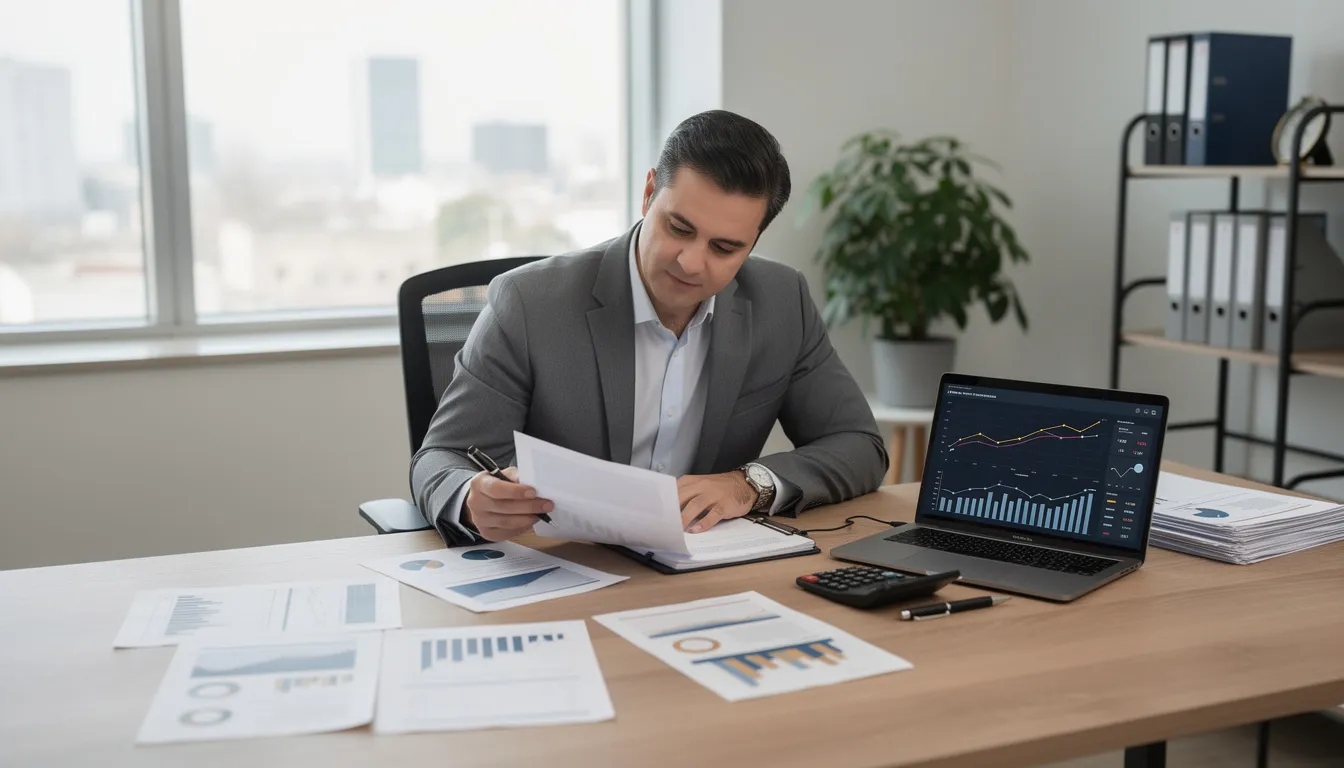 A professional business owner is seated at a desk, reviewing important financial documents alongside a laptop and various paperwork, focusing on management services agreements and regulatory compliance for their medical practice. The scene reflects a commitment to achieving business goals and ensuring effective management of administrative tasks within their organization.