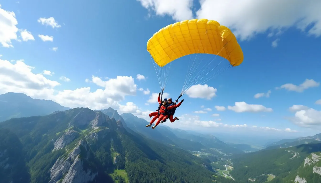 In dem Bild sieht man eine Person, die zusammen mit einem erfahrenen Tandem-Monitor in einem Fallschirm aus einem Flugzeug springt, während sie in der Luft schwebt und die Landschaft unter ihnen bewundert. Dies könnte eine aufregende Geschenkidee zum Geburtstag für das Geburtstagskind sein, das Abenteuer und Nervenkitzel liebt.