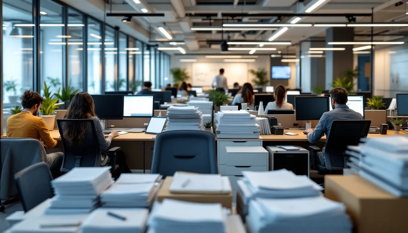 The image depicts a modern office environment where administrative staff are engaged in various tasks, such as working on computers and organizing filing systems, essential for the efficient operation of healthcare providers and management services organizations. The setting reflects a focus on administrative functions that support medical practices and ensure compliance with federal and state regulations.
