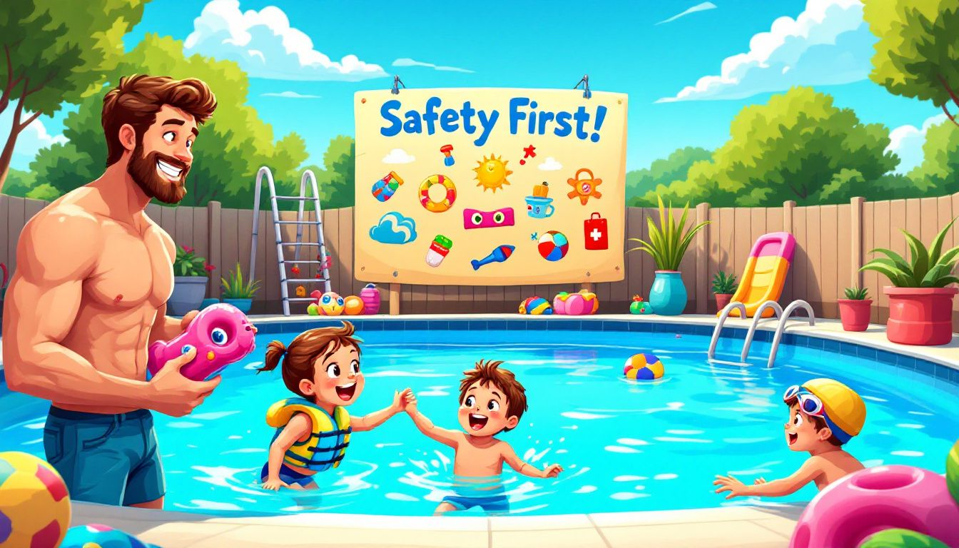 A family enjoying a safe swimming environment, emphasizing the importance of pool safety for toddlers and children.