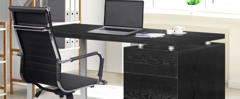 A home office with an Artiss Black Wood and Metal Desk with 3 drawers and an Artiss Black and Chrome Office Chair.