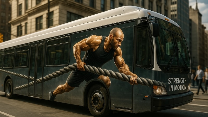 A bus wrap depicting the theme of strength and training gym