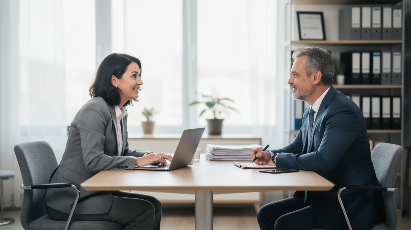 da1e3d66 0aab 4cbd a101 5e58ec9a920d A professional advisor is seated at a desk, engaged in a discussion with a small business owner in an office setting, where they are reviewing the business owner's satisfactory credit track record and exploring options for financial assistance such as mudra loans. The atmosphere is collaborative, highlighting the importance of eligibility criteria for accessing business loans to support micro enterprises.