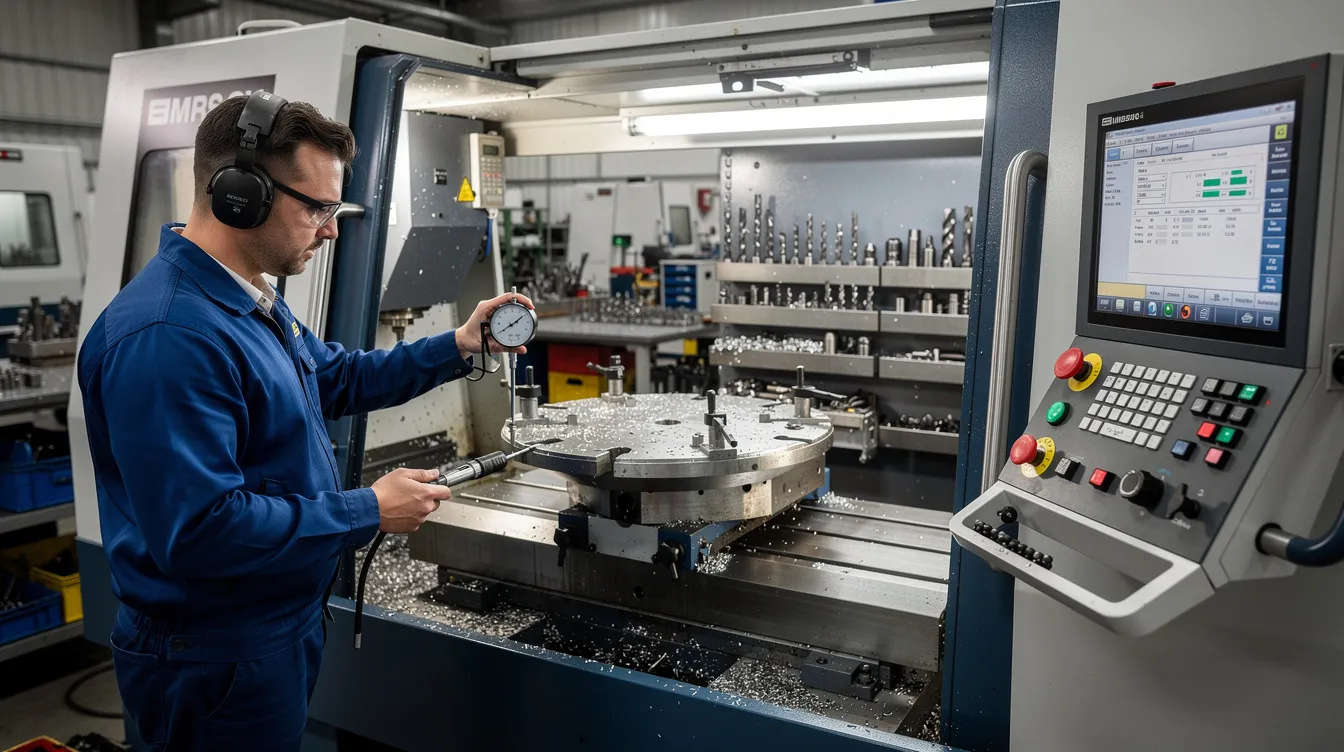 The image shows an industrial CNC machining center where an operator is carefully setting up a metal workpiece on the table. This setup is crucial for the machining process, ensuring precision and accuracy in the fabrication of complex parts using CNC technology.