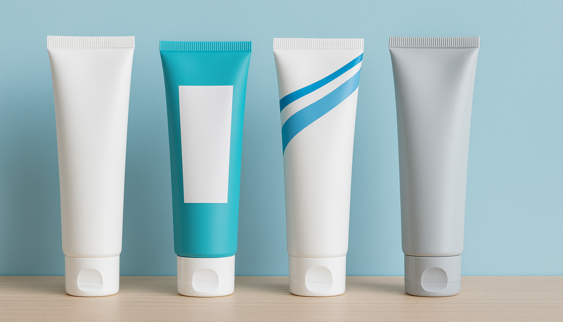 Tannkremer: Finn den som passer deg 10 Fire tannkremtuber i ulike farger står på en lys overflate mot en blå bakgrunn.