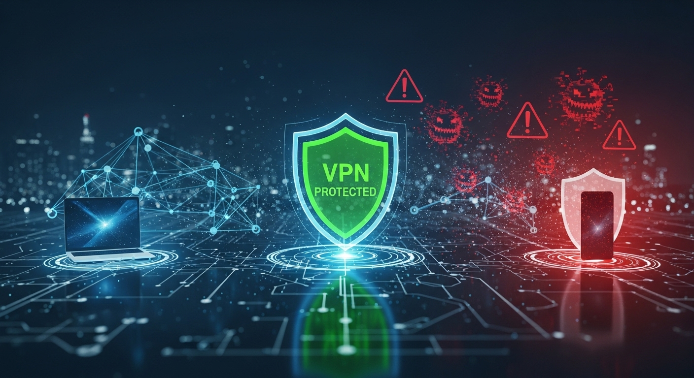 Cybersecurity concept highlighting VPN protection for traffic but not endpoint threats.