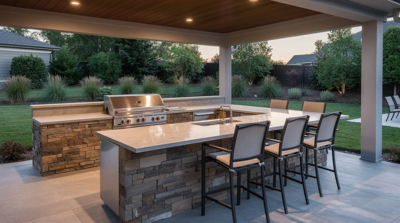 The image depicts an inviting outdoor kitchen featuring a built-in stainless steel grill and elegant stone countertops, complemented by bar seating beneath a covered patio. This stylish setup enhances the backyard space, showcasing quality materials and hardscaping elements ideal for entertaining in a warm Arizona climate.