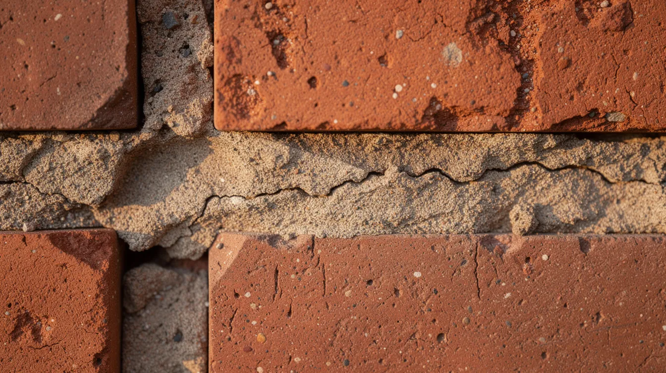 The image shows a close-up view of weathered mortar joints recessed between red bricks on an exterior wall, highlighting the crumbling mortar and hairline cracks that may indicate future damage to the structural integrity of the brickwork. This detail emphasizes the need for potential mortar repairs to maintain the wall's stability and prevent further deterioration.