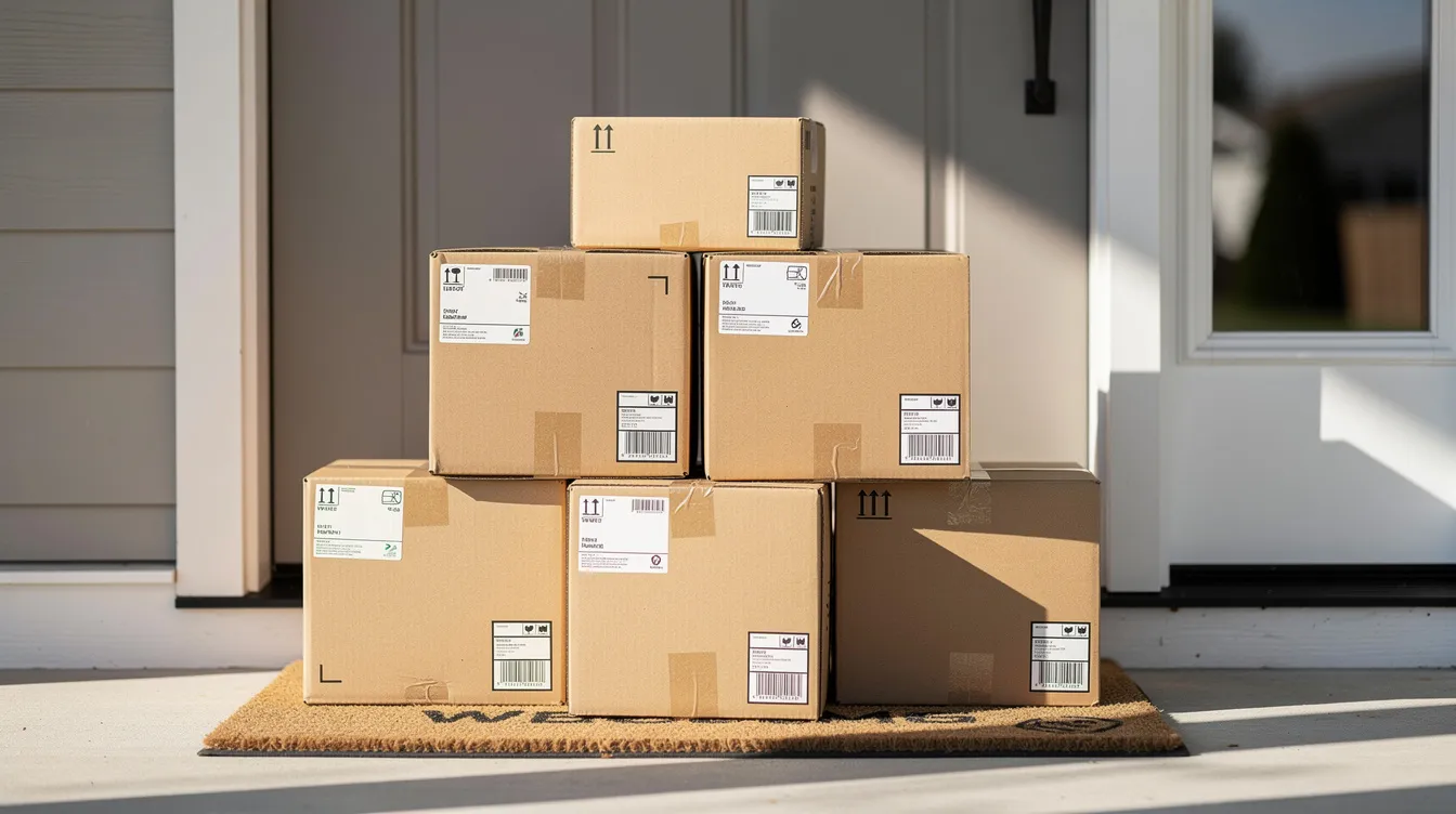 The image shows a stack of cardboard shipping boxes neatly arranged on a residential doorstep, suggesting recent deliveries of various products. These boxes could potentially contain hemp derived THC products, including legal hemp items compliant with federal regulations.