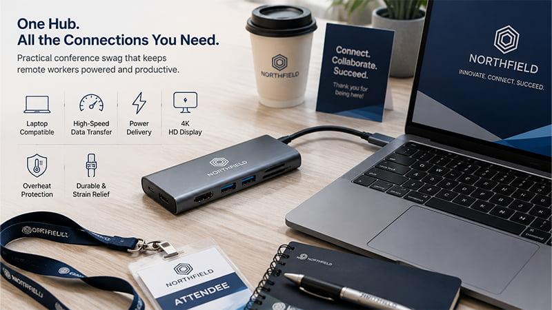 USB hub tech swag with laptop accessories for conferences, remote workers, and corporate event giveaways