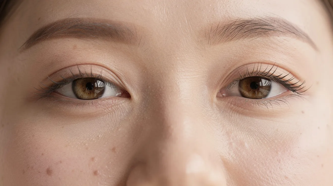 A close-up photograph showcases relaxed, natural-looking eyes with visible eyelid creases, reflecting the results of upper eyelid blepharoplasty. The image highlights the subtle improvement in the appearance of the upper eyelids, contributing to a refreshed and rested look.