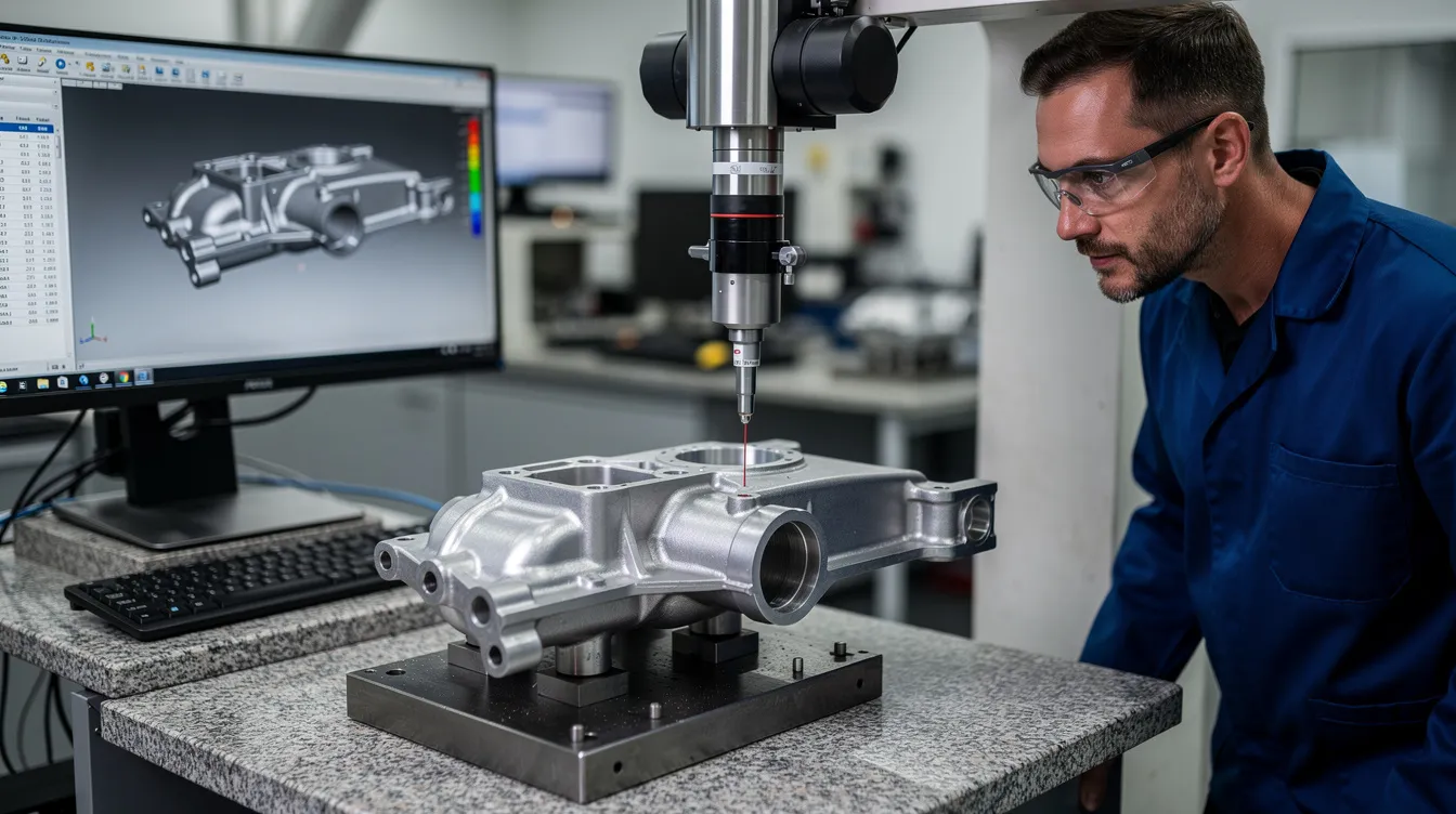 An engineer is inspecting a precision machined aerospace bracket using a coordinate measuring machine, ensuring that it meets the exacting tolerances required for aerospace applications. This quality control process is essential for maintaining the structural integrity and reliability of aerospace components in demanding environments.