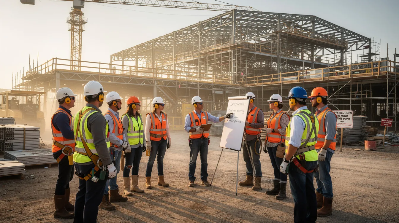 A group of construction workers, all wearing personal protective equipment, is gathered at an industrial jobsite for a morning safety briefing. The scene emphasizes the importance of proactive risk management and safety performance in the construction industry to mitigate risks and ensure project success.