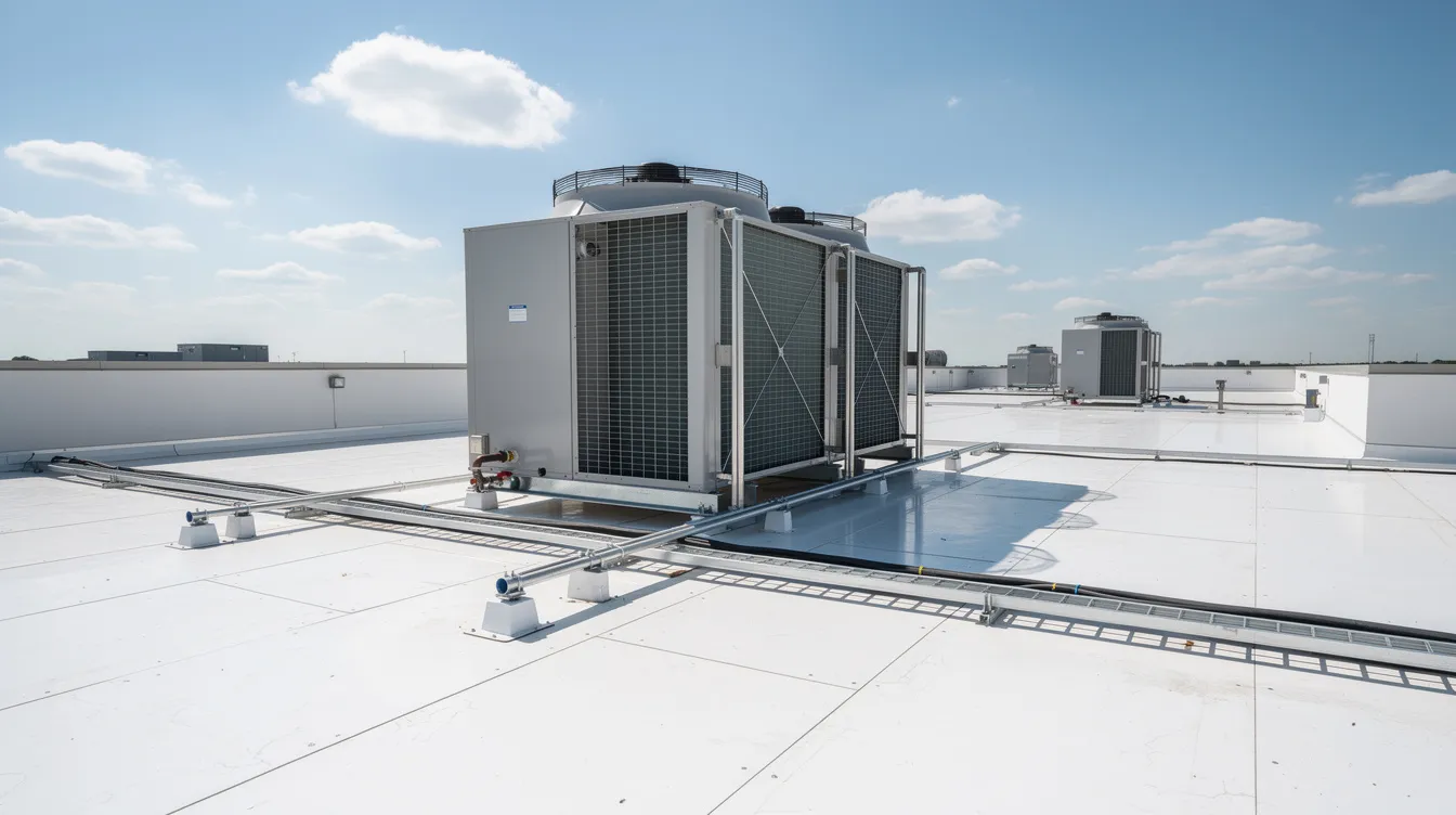 The image shows a rooftop air-cooled chiller unit installed on a commercial building, set against a backdrop of a clear blue sky with fluffy clouds. This chiller is essential for maintaining optimal chiller performance and energy efficiency in HVAC systems, especially in the humid climate of New Orleans.