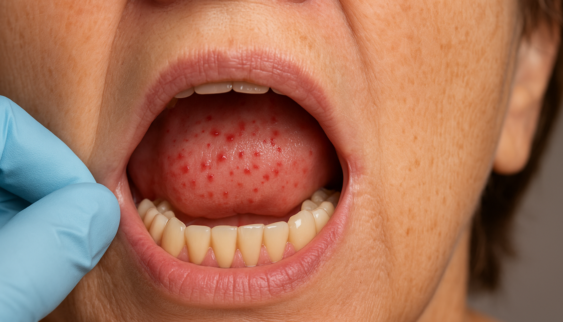 Nærbilde av åpen munn med små røde blodflekker på tungen som tegn på petekkier.