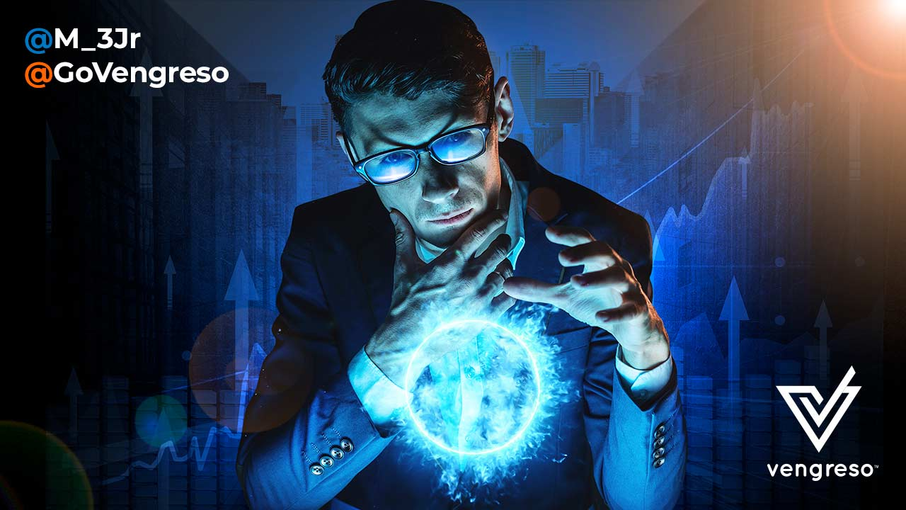 man with glasses with a hand on his chin thinking in front of a glowing sphere
