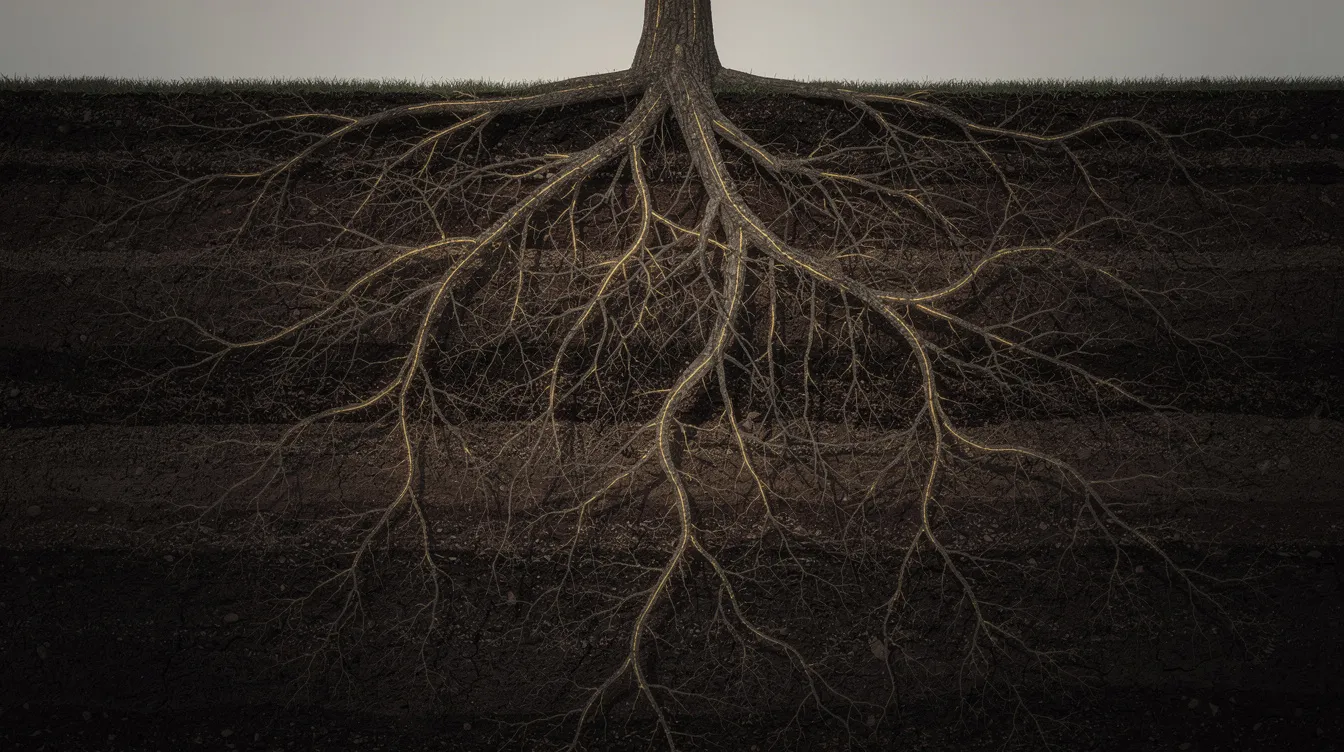 Cette image abstraite illustre des racines d'arbre profondes s'étendant dans un sol sombre, symbolisant les mécanismes d'auto sabotage qui peuvent entraver le développement personnel et la confiance en soi. Les racines, bien ancrées, évoquent les croyances négatives et les obstacles qui influencent notre vie et nos relations.