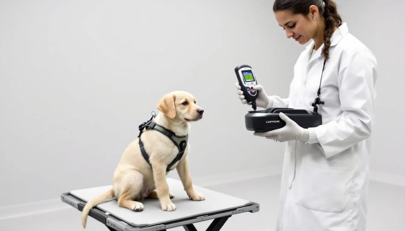 A professional tester is conducting the elevation dominance test with a calm puppy, gently encouraging it to respond to various stimuli while observing its temperament and dominant or submissive tendencies. The tester kneels beside the puppy, creating a supportive environment for the puppy aptitude test, which aims to predict future behavioral traits.