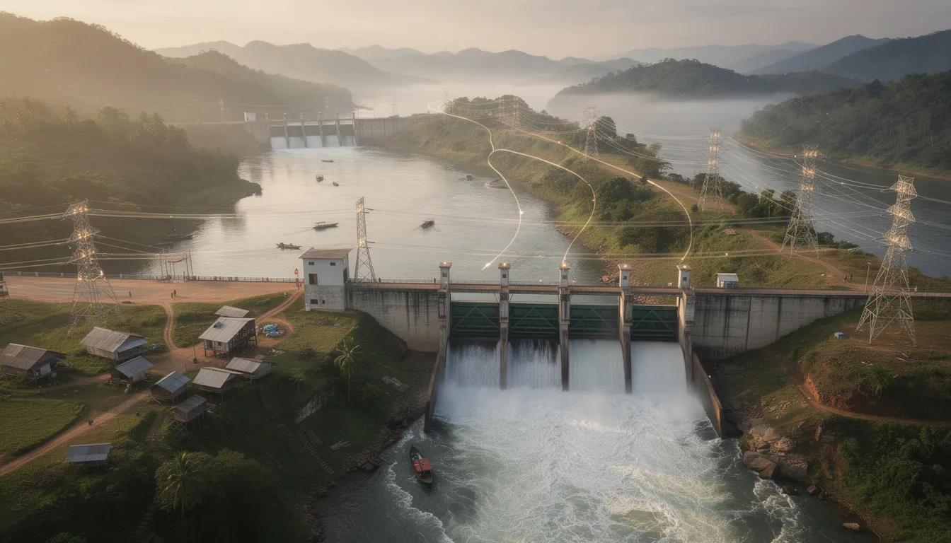 The image depicts the Mekong River, a vital source for hydropower generated electricity in Laos, highlighting the country's commitment to renewable energy development. Numerous hydropower plants along the river are essential for meeting rising electricity demand and facilitating electricity exports to neighboring countries in Southeast Asia.