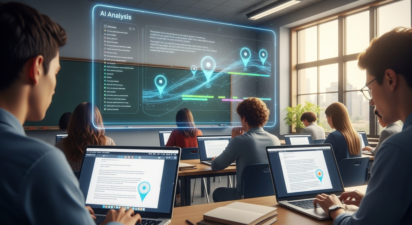 Classroom technology scene showing AI analyzing early draft submissions and highlighting improvement areas.