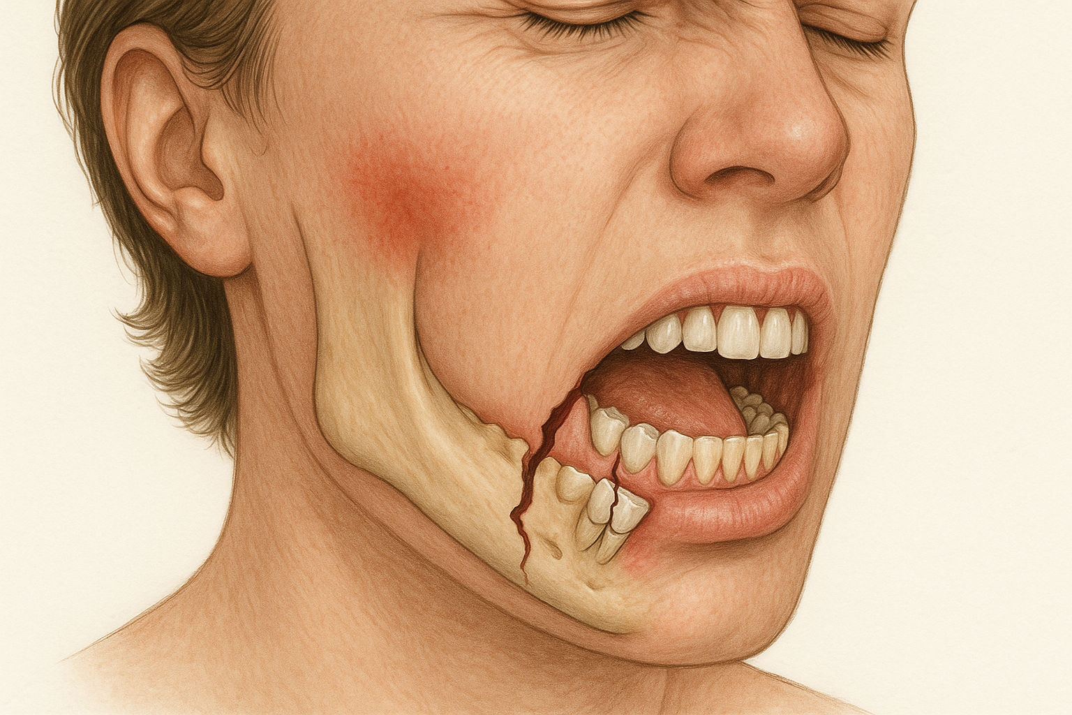 Detaljert illustrasjon av skadet tann og kjeve, med markert behandlingsområde.