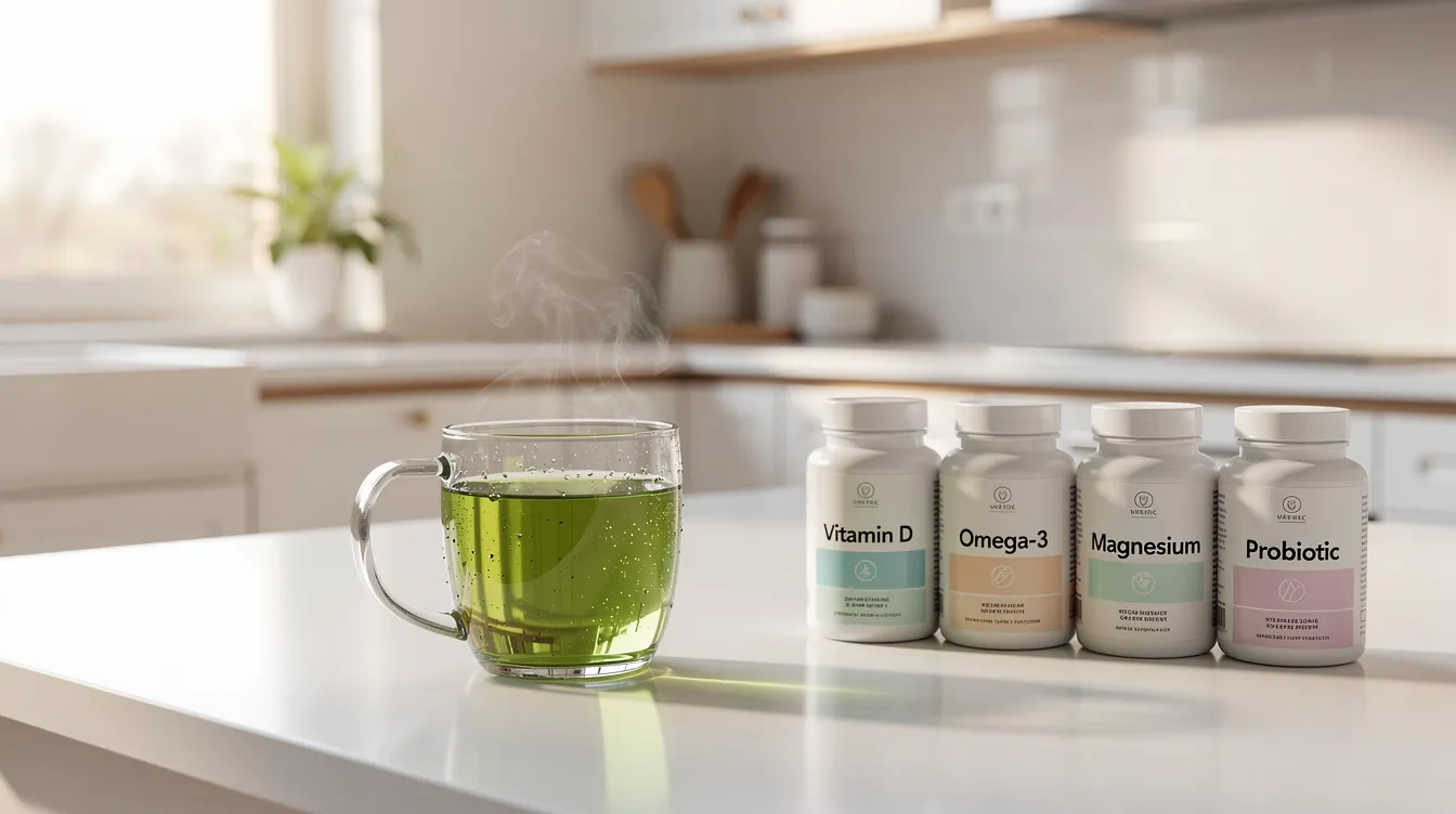 The image features an organized array of supplement bottles alongside a glass of green tea on a clean kitchen counter, illuminated by soft morning light, emphasizing healthy habits and overall well-being. This setting suggests a focus on skin health, mental clarity, and quality sleep as part of a balanced lifestyle.