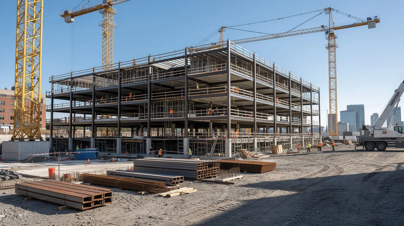 The image depicts a bustling commercial construction site featuring large cranes and a partially constructed steel-frame building set against a clear blue sky. This scene illustrates the dynamic nature of construction projects, highlighting how construction companies can leverage emerging technologies and AI tools to enhance their visibility and optimize search rankings in the competitive construction industry.