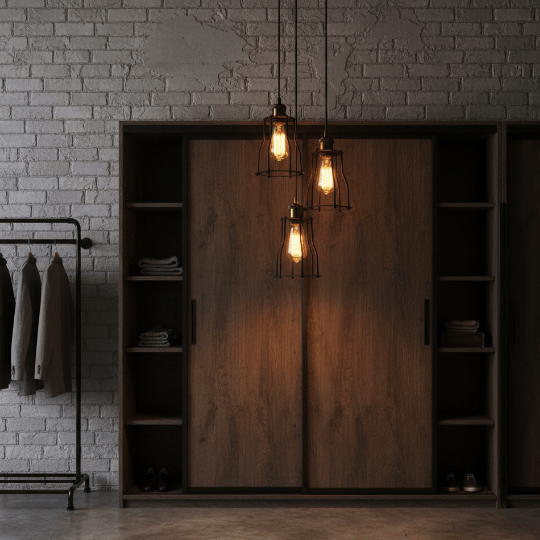 Industrial cage pendant lights hanging in a bedroom wardrobe area.