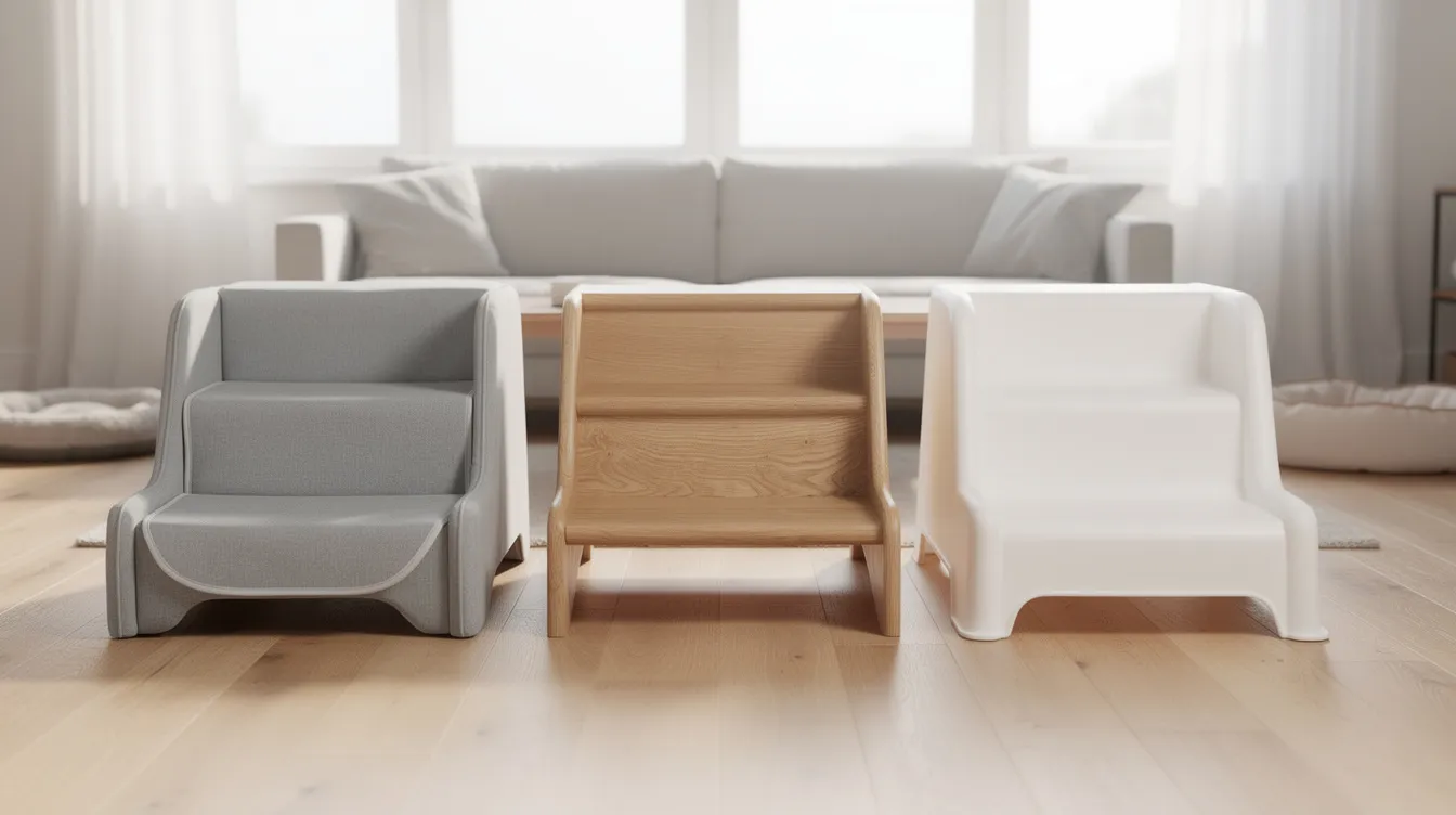 The image features three styles of pet stairs designed for dogs, displayed side by side in a bright room; the options include foam, wooden, and plastic stairs. Each style offers a different way to help pets easily access higher surfaces, making it easy for owners to find the right product to protect their furry friends.
