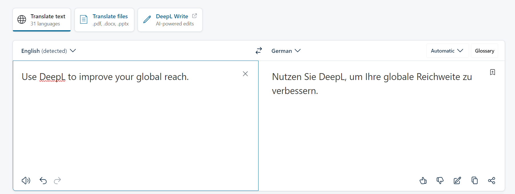 Example of a translation from English to German with DeepL.