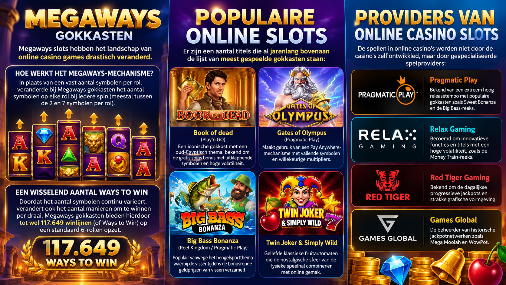 Overzicht van online casino slot providers zoals Pragmatic Play, Relax Gaming, Red Tiger Gaming en Games Global.