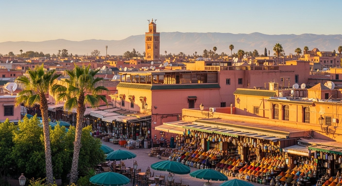 Panoramic view of Marrakesh, Morocco at sunset, showing the medina’s terracotta buildings, colorful spice markets, and the Koutoubia Mosque with the Atlas Mountains in the background.