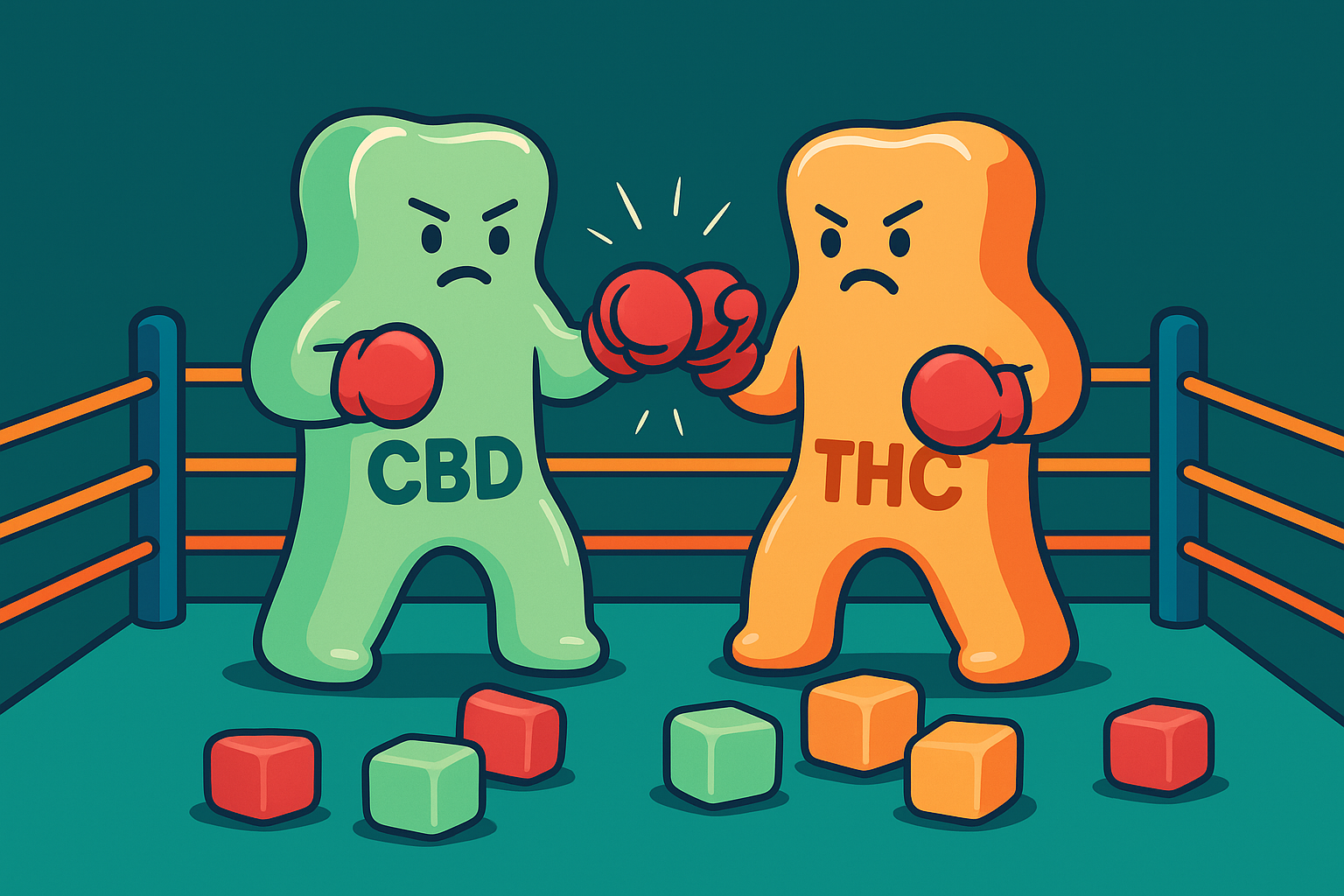 Cartoon-style illustration of two anthropomorphic gummy characters labeled “CBD” and “THC” in a boxing ring, wearing red gloves and squaring off in a playful showdown, with colorful gummies scattered on the floor.